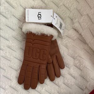 UGG Women's Tan Leather Gloves with Cream Fur Trim
